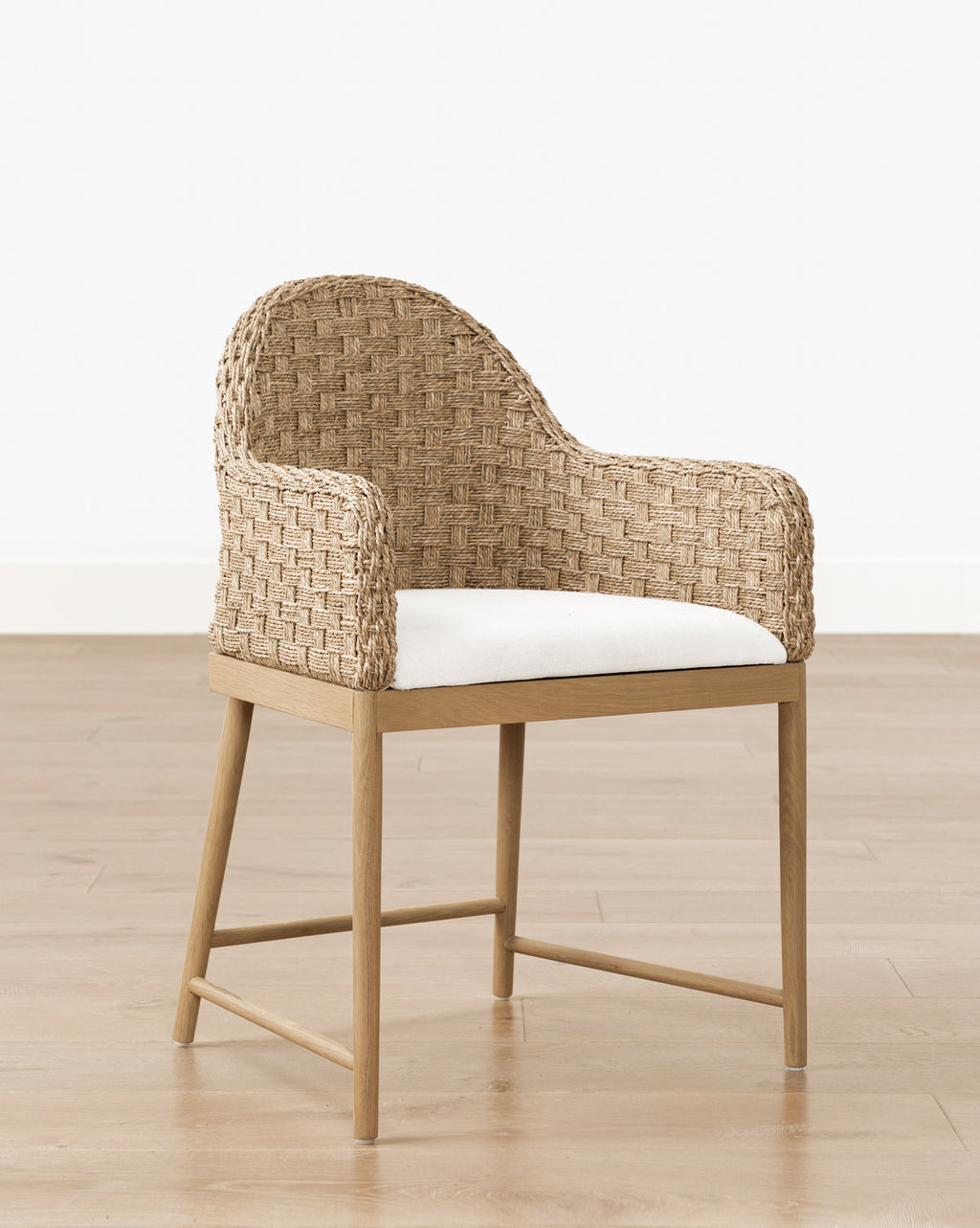 Rustic Solid Oak Arm Chair with Woven Back & Inviting Cushion for Dining Room