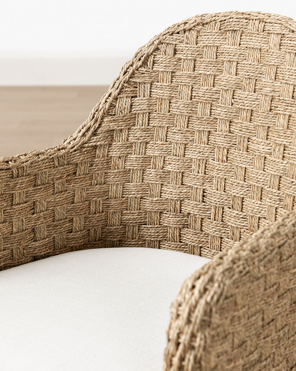 Rustic Solid Oak Arm Chair with Woven Back & Inviting Cushion for Dining Room