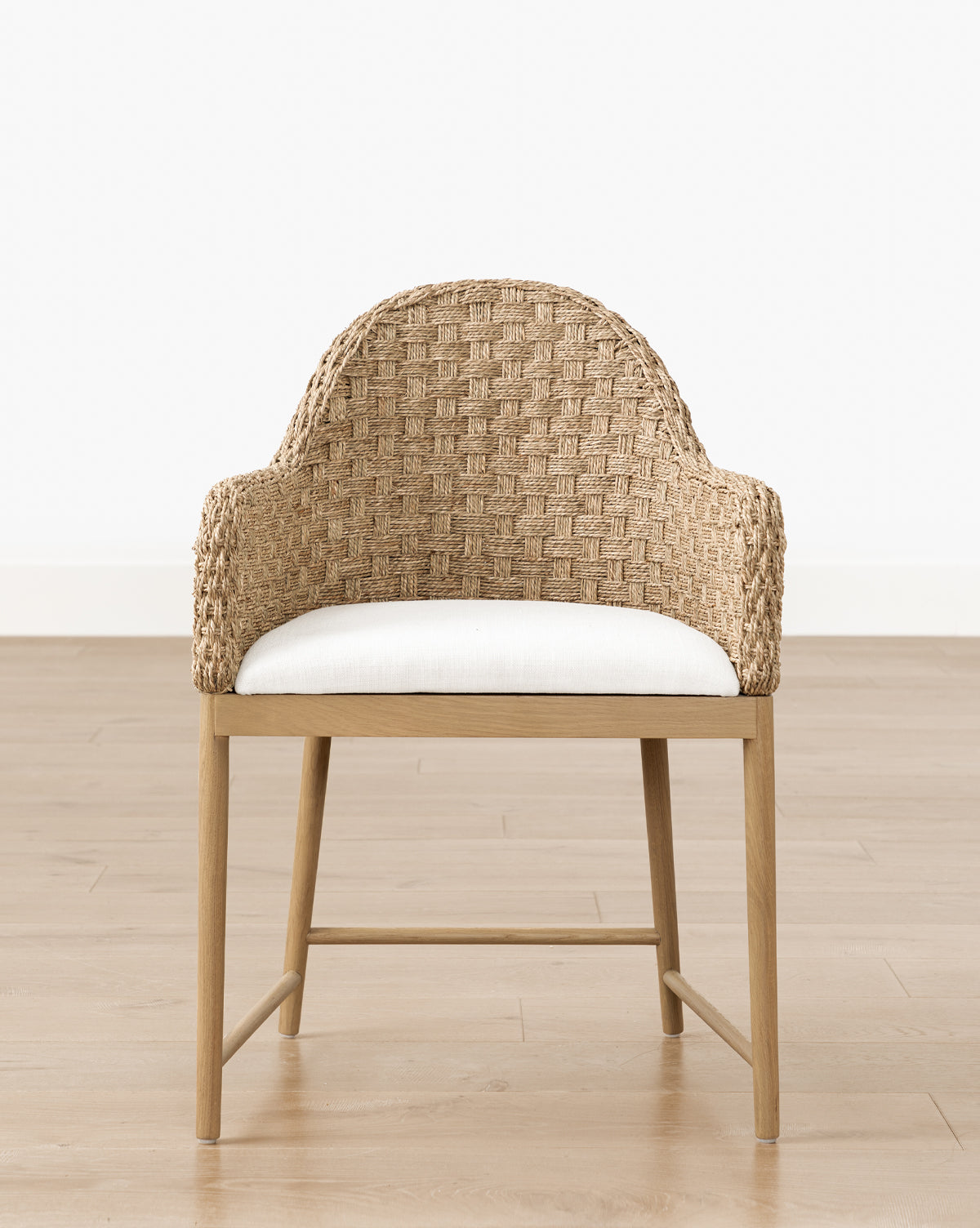 Rustic Solid Oak Arm Chair with Woven Back & Inviting Cushion for Dining Room