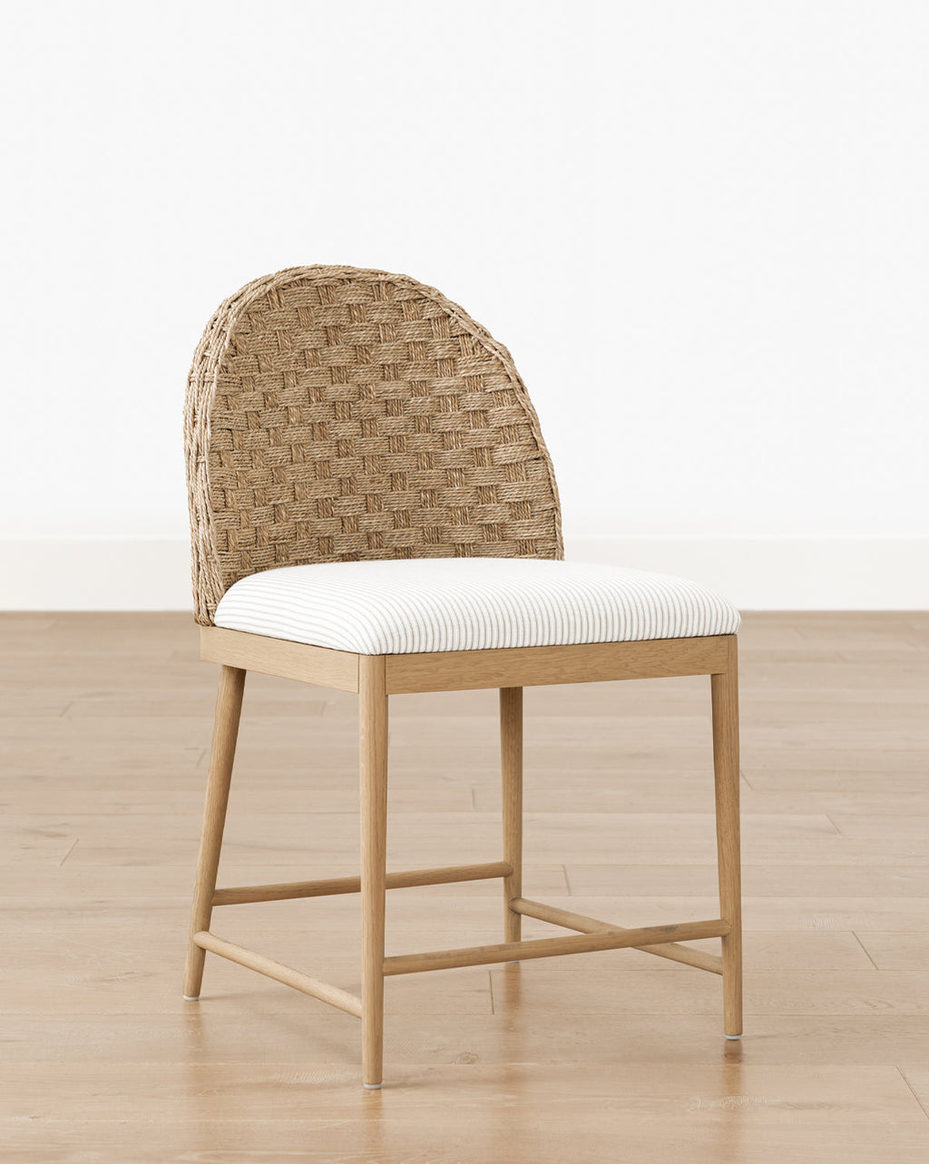 Rustic Solid Oak Dining Chair with Woven Back & White Cushion for Dining Room