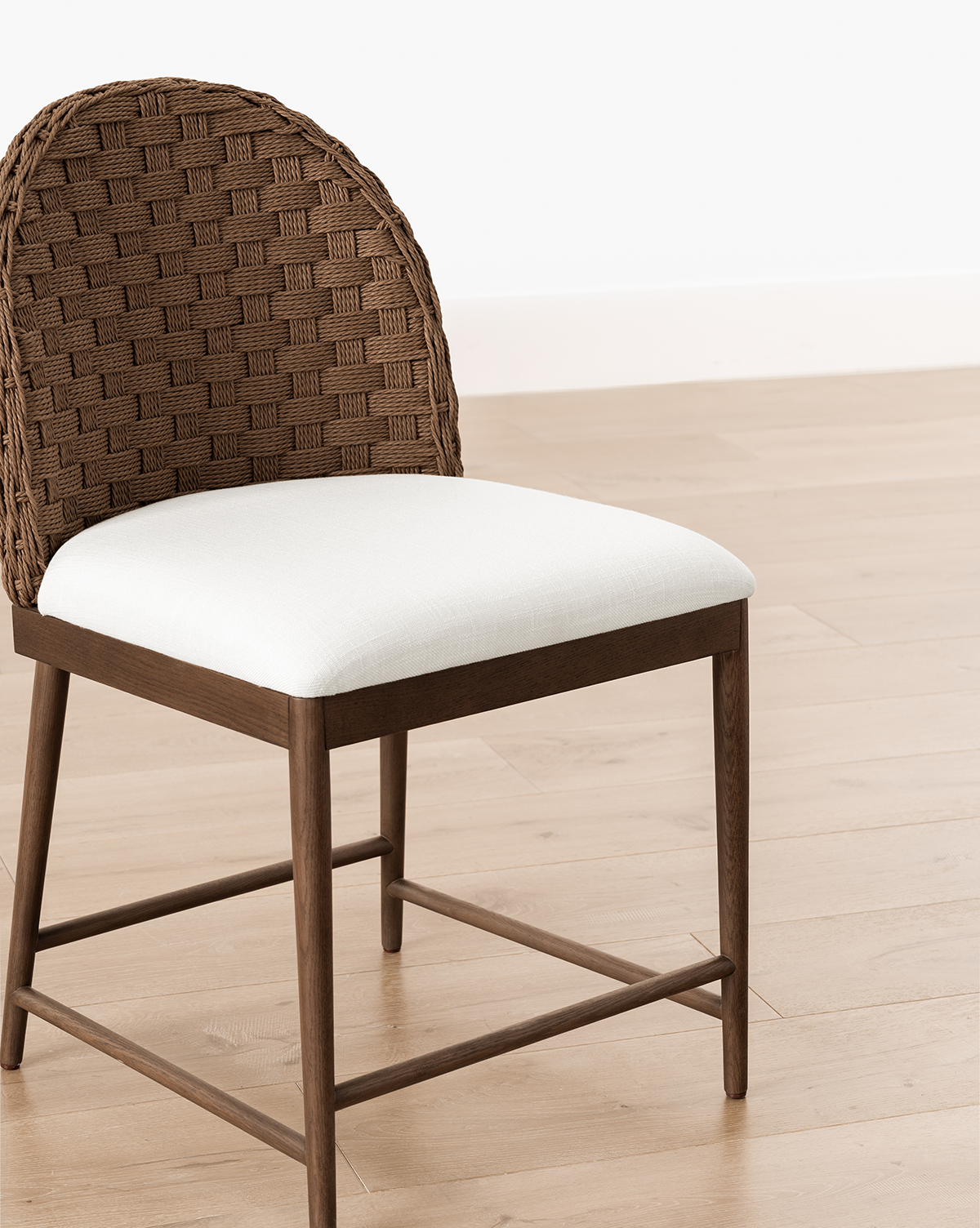 Rustic Solid Oak Dining Chair with Woven Back & White Cushion for Dining Room