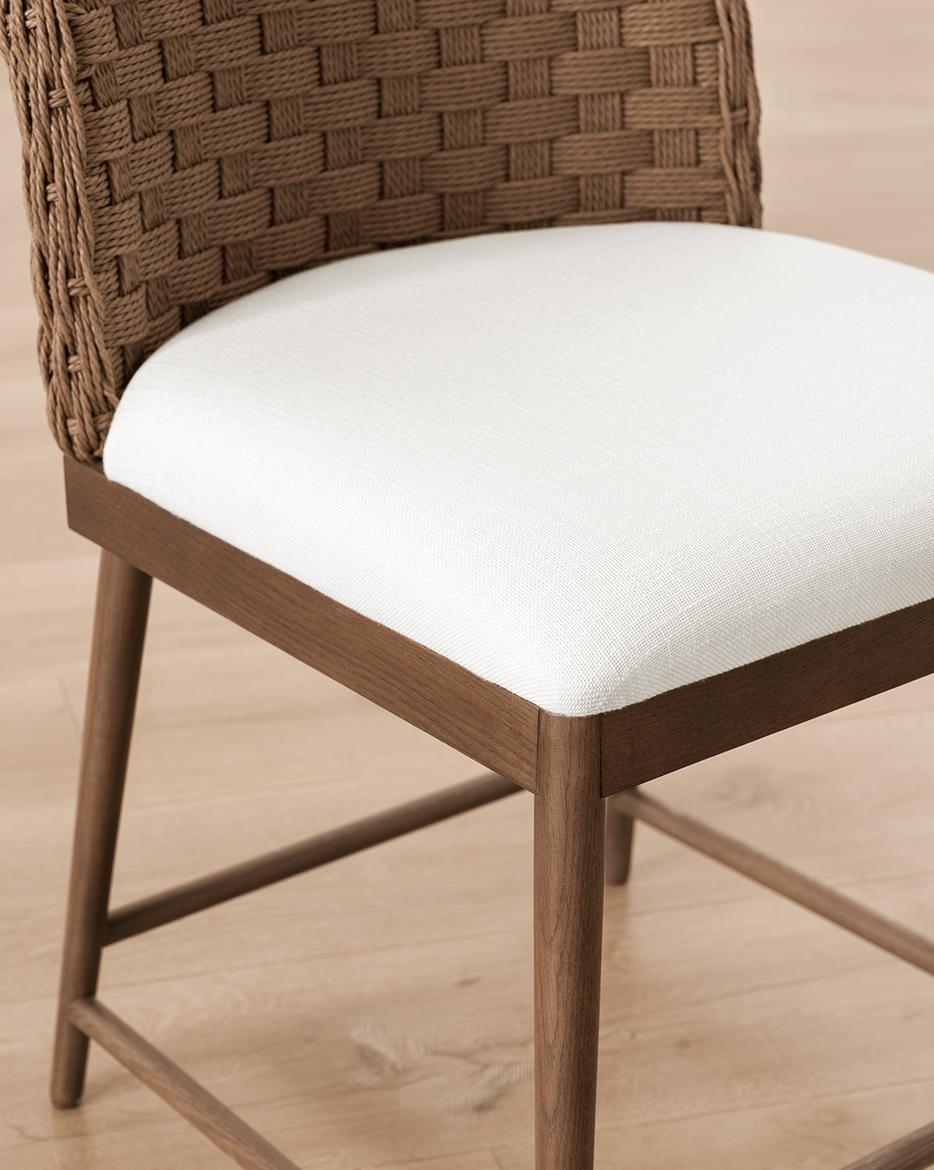 Rustic Solid Oak Dining Chair with Woven Back & White Cushion for Dining Room