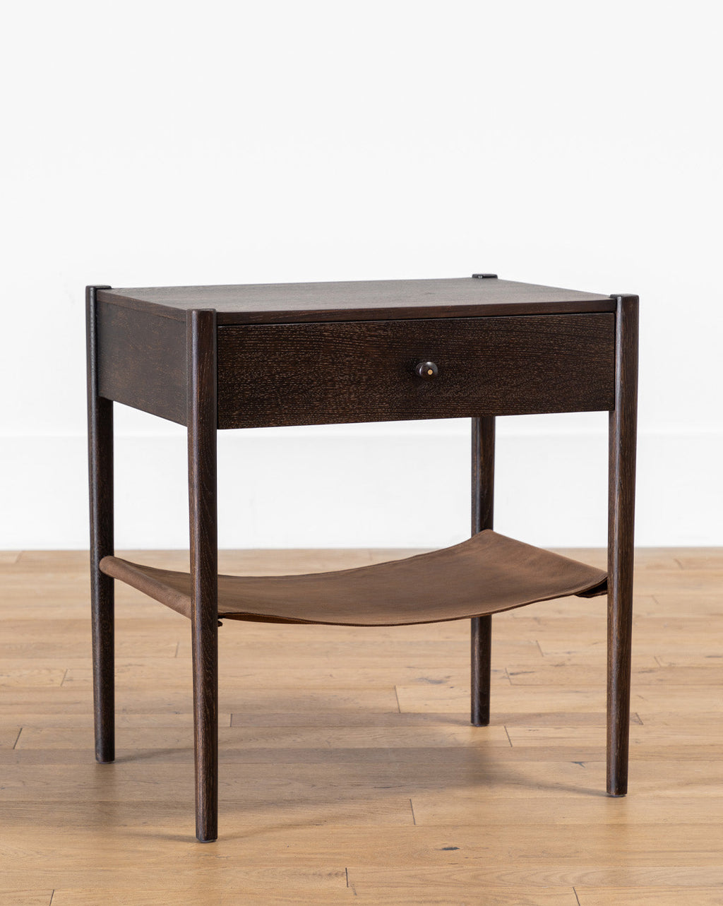 Rustic Oak Nightstand with Leather Shelf & Round Pull for Bedroom