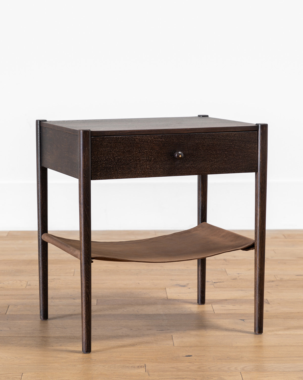 Rustic Oak Nightstand with Leather Shelf & Round Pull for Bedroom