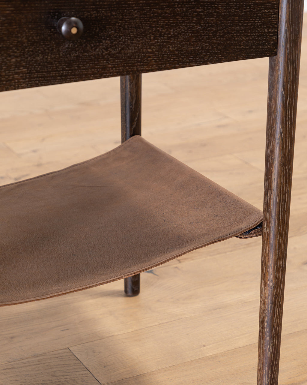 Rustic Oak Nightstand with Leather Shelf & Round Pull for Bedroom