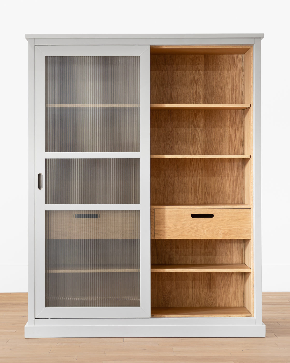 Contemporary Painted Oak Cabinet with Sliding Reeded Glass Doors for Living Room