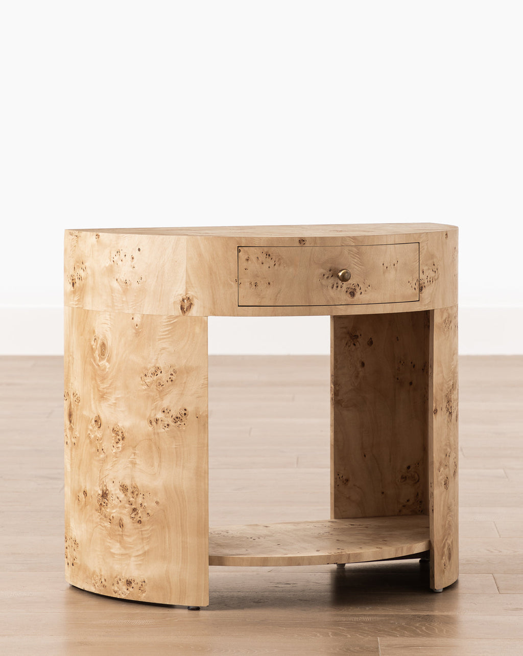 Modern Burl Veneer Nightstand with Brass Knob & Half-Moon Shape for Bedroom