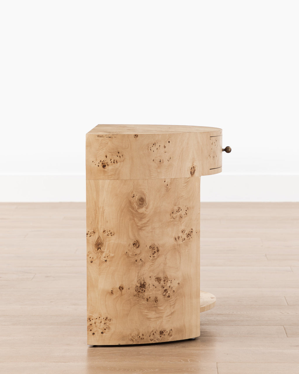 Modern Burl Veneer Nightstand with Brass Knob & Half-Moon Shape for Bedroom