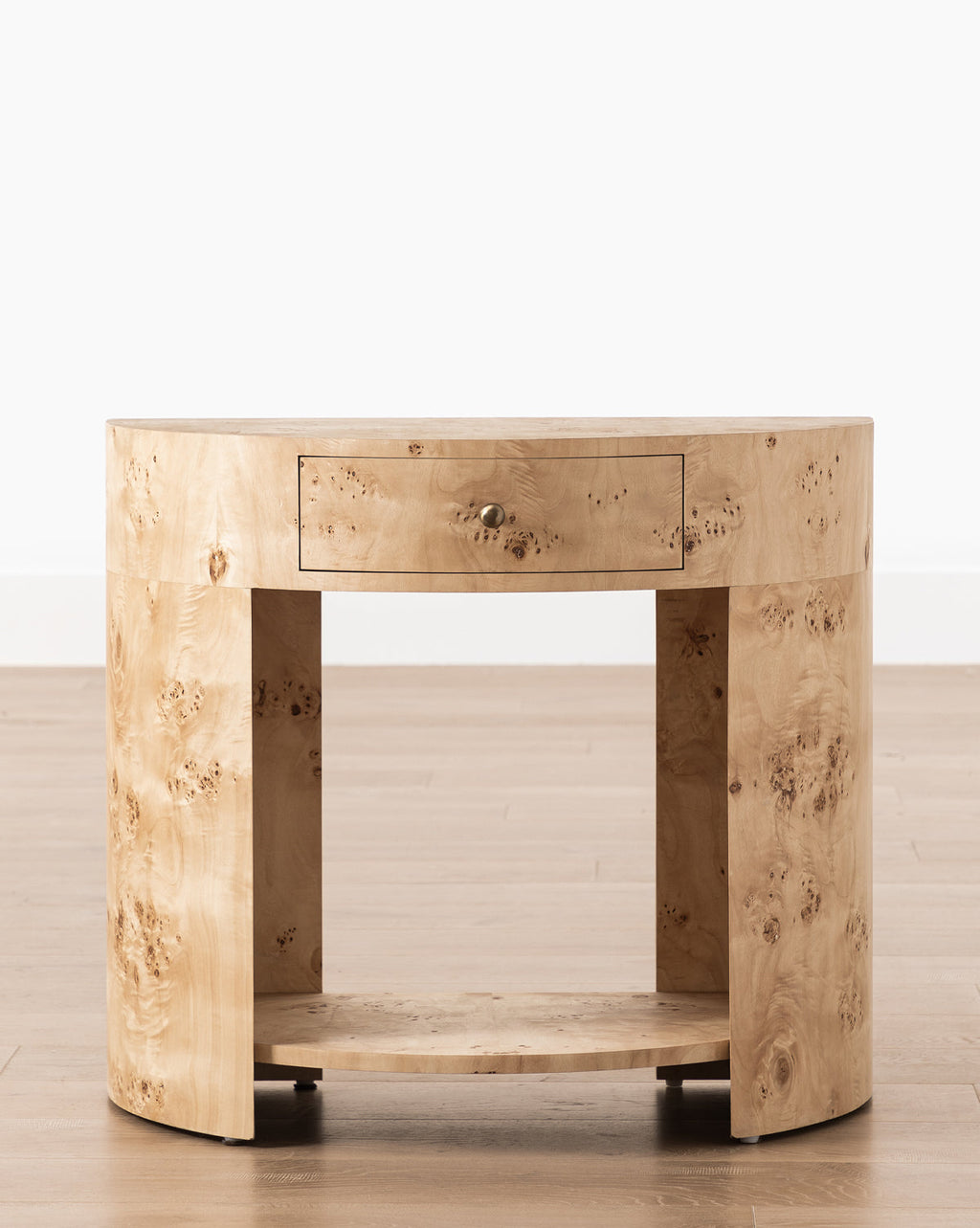 Modern Burl Veneer Nightstand with Brass Knob & Half-Moon Shape for Bedroom