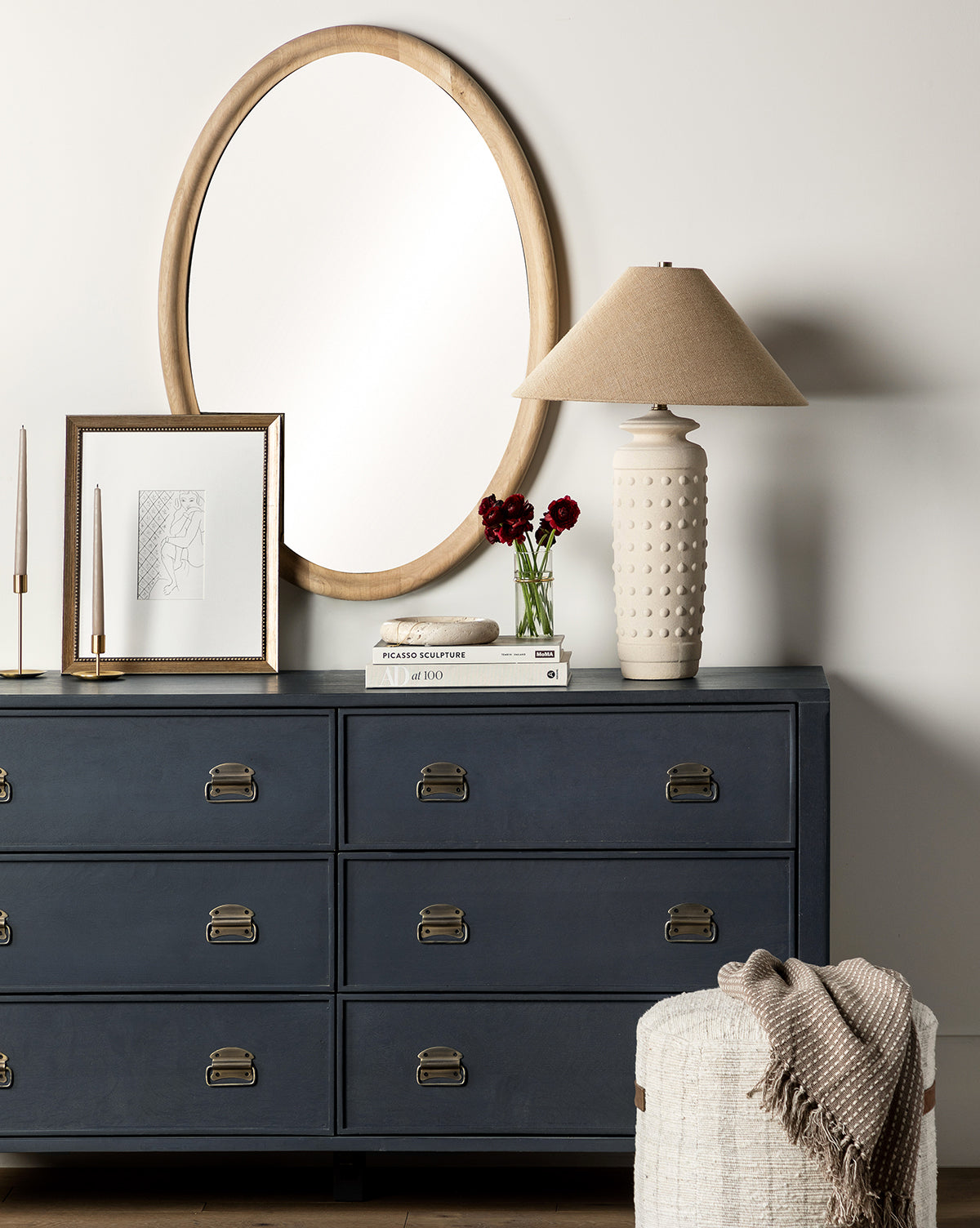 Modern Walnut Dresser with Curved Front & Brass Pulls for Bedroom