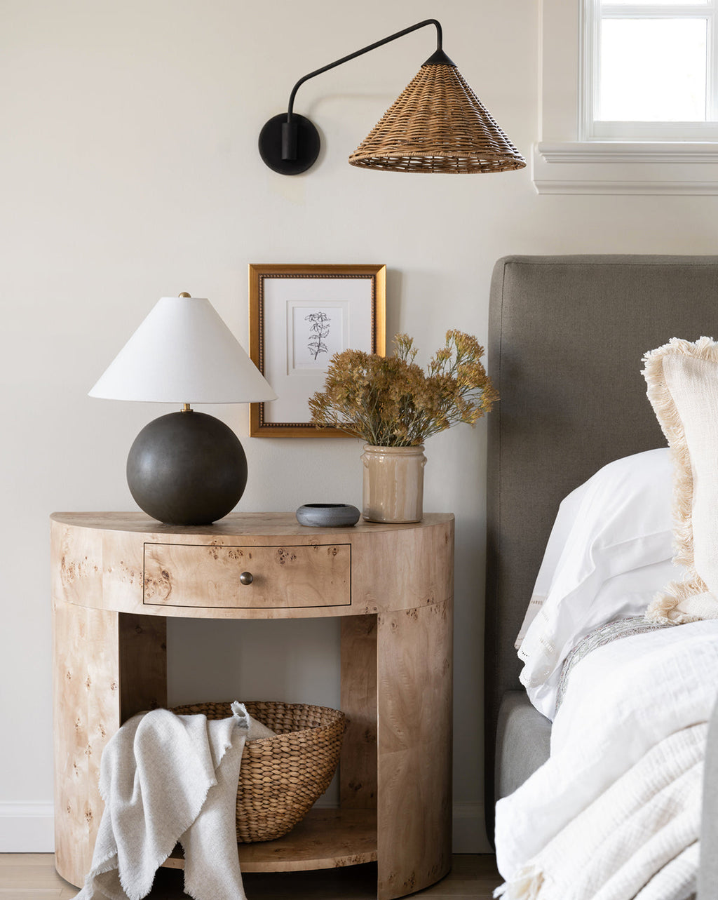 Modern Burl Veneer Nightstand with Brass Knob & Half-Moon Shape for Bedroom