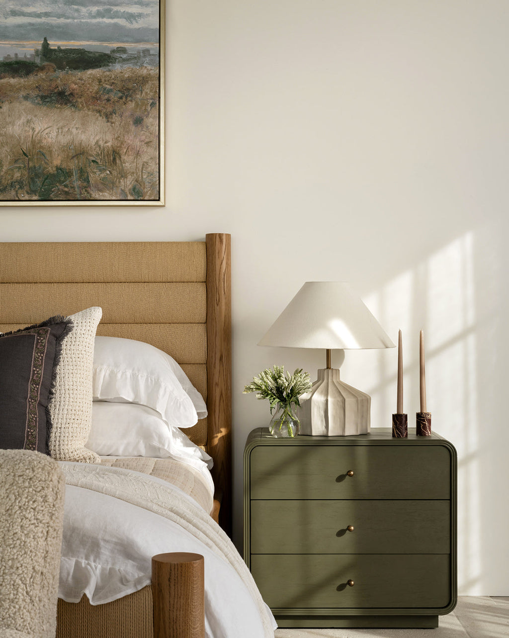 Modern Acacia Nightstand with Laurel Green Finish & Brass Hardware for Bedroom