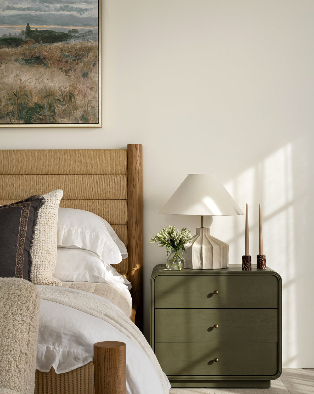 Modern Acacia Nightstand with Laurel Green Finish & Brass Hardware for Bedroom