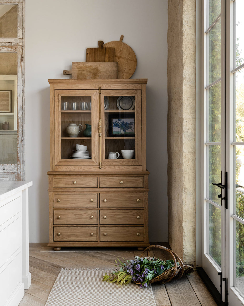 Traditional Oak Cabinet with Glass Doors & Round Pulls for Living Room