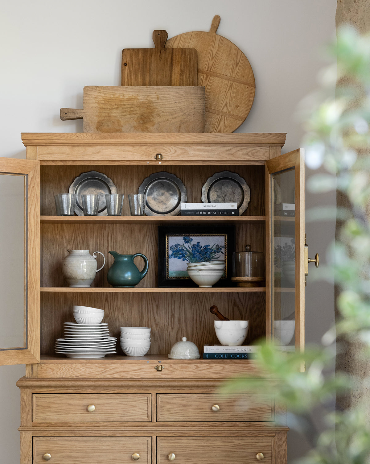 Traditional Oak Cabinet with Glass Doors & Round Pulls for Living Room