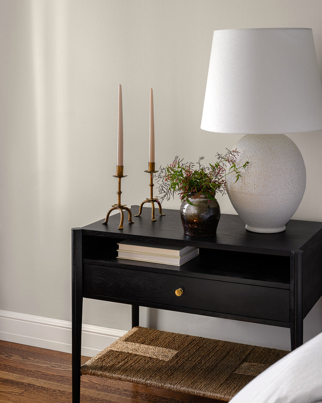 Coastal Wood Nightstand with Woven Seagrass Shelf & Brass Hardware for Bedroom