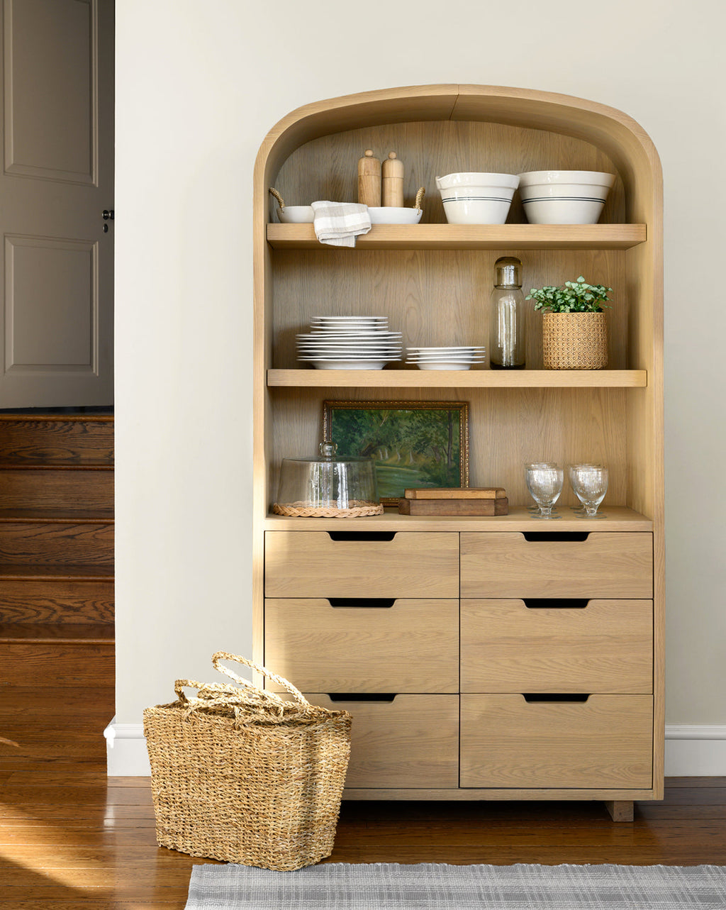 Modern Oak Cabinet with Arched Shape & Six Drawers for Living Room