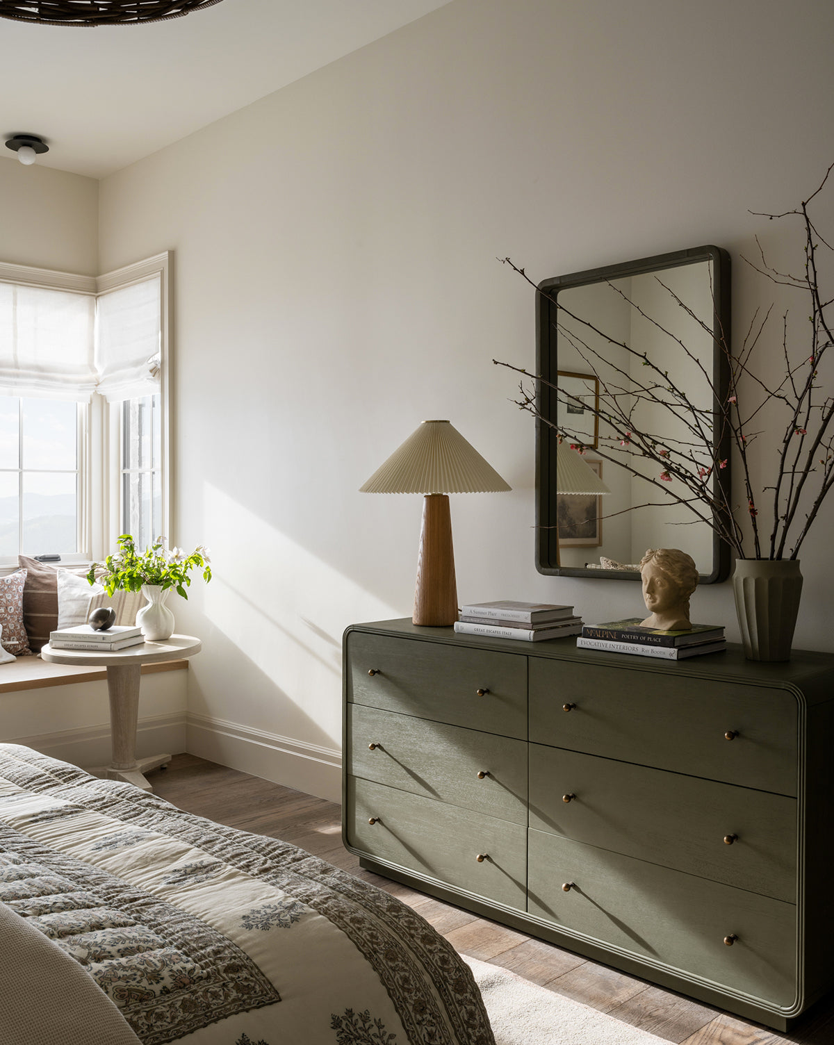 Modern Acacia Dresser with Laurel Green Finish & Brass Hardware for Bedroom