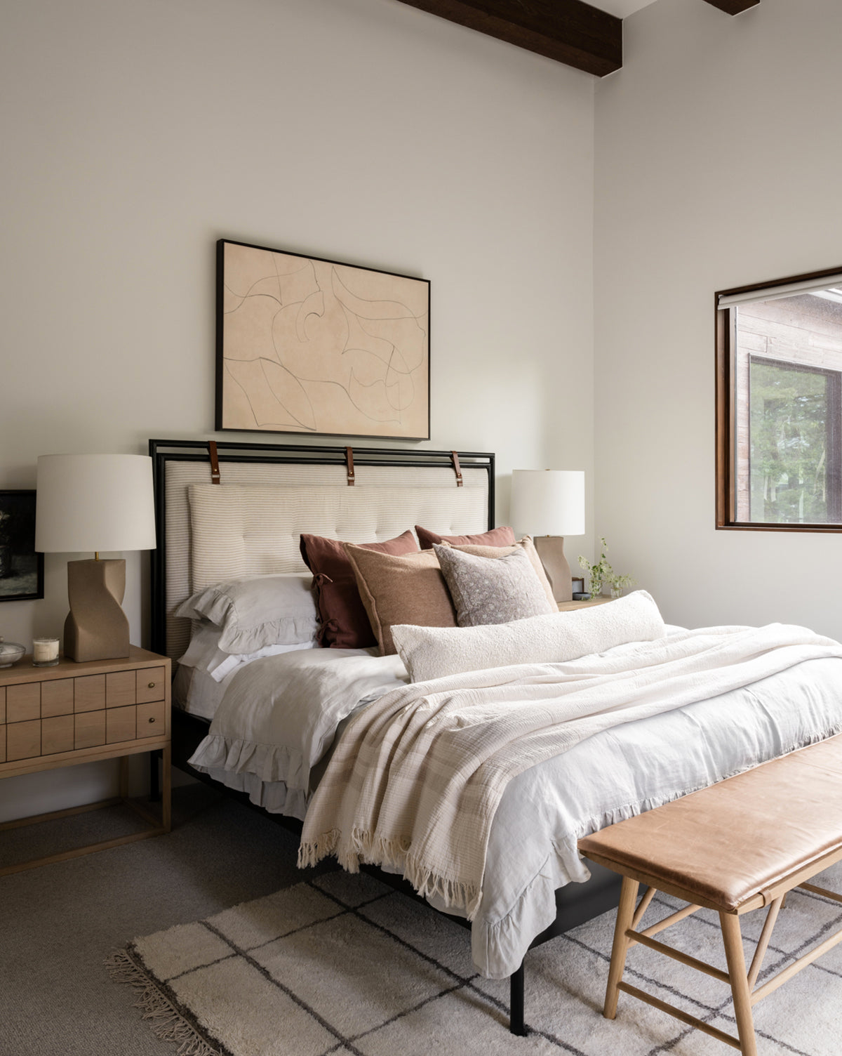 Contemporary Oak Nightstand with Etched Grid Pattern & Brass Pulls for Bedroom