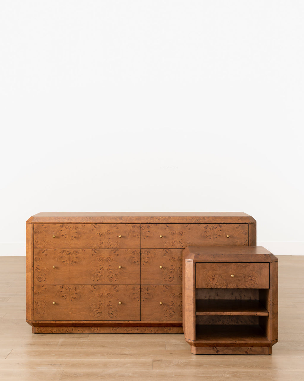 Artisan Burl Wood Dresser with Brass Pulls & Geometric Motifs for Bedroom
