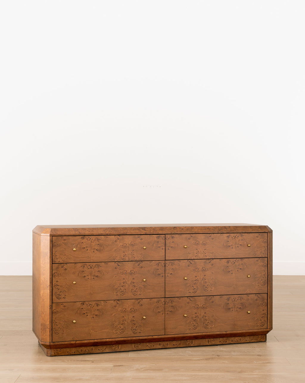 Artisan Burl Wood Dresser with Brass Pulls & Geometric Motifs for Bedroom