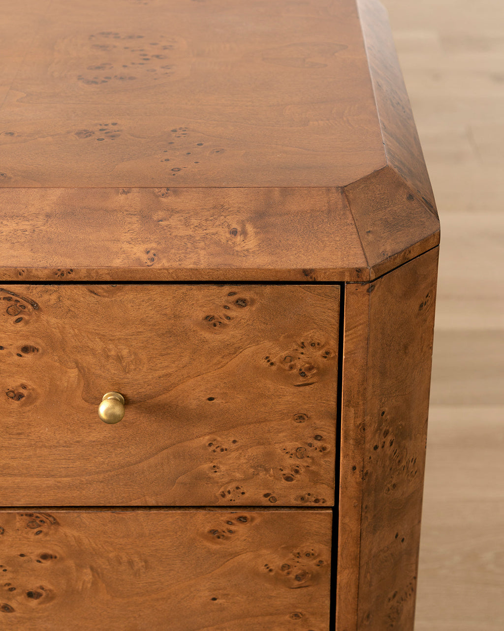 Artisan Burl Wood Dresser with Brass Pulls & Geometric Motifs for Bedroom