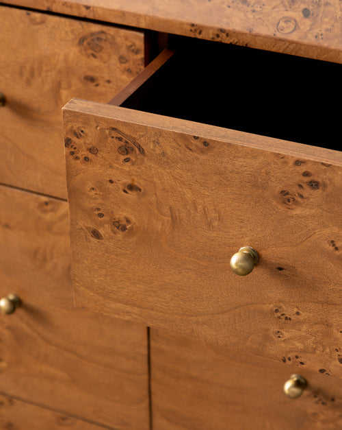 Artisan Burl Wood Dresser with Brass Pulls & Geometric Motifs for Bedroom