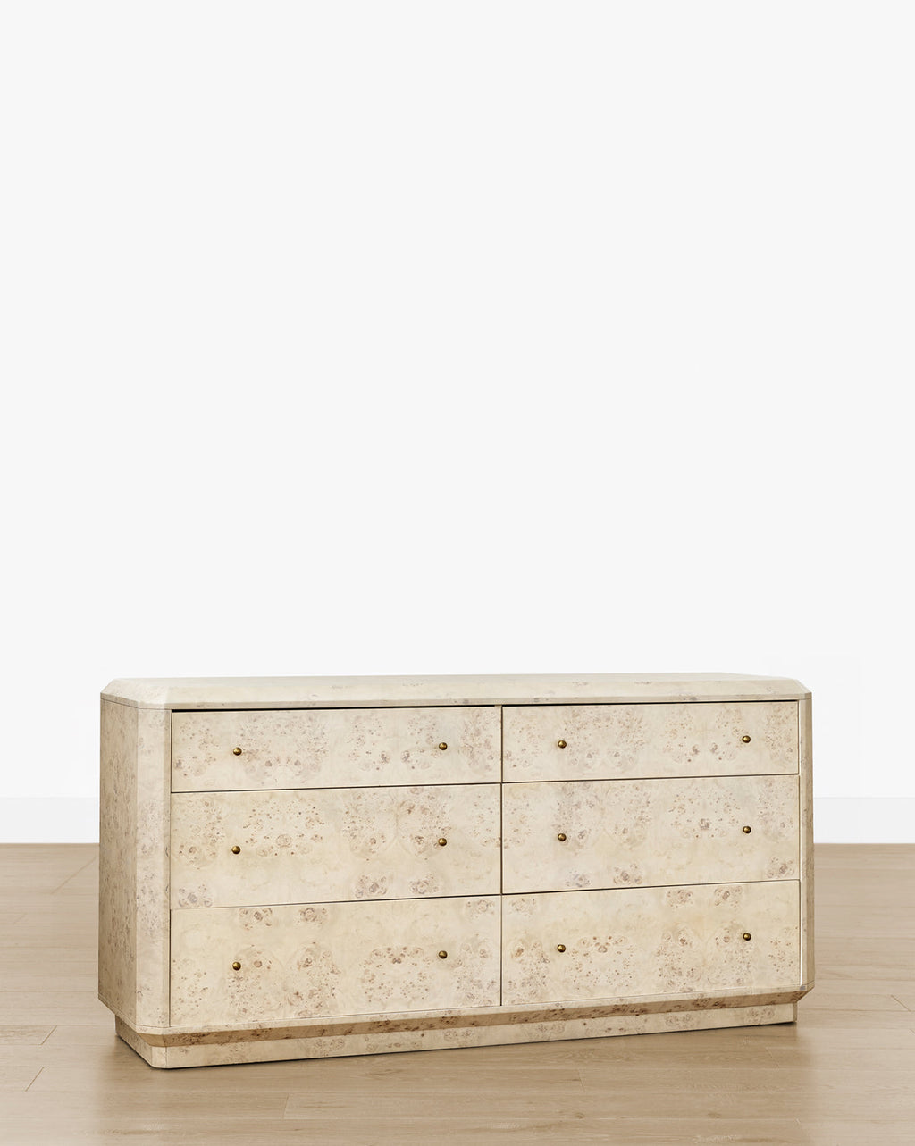 Artisan Burl Wood Dresser with Brass Pulls & Geometric Motifs for Bedroom