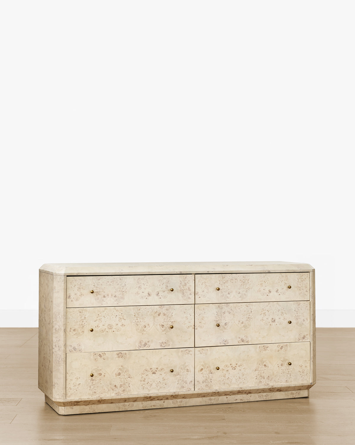 Artisan Burl Wood Dresser with Brass Pulls & Geometric Motifs for Bedroom