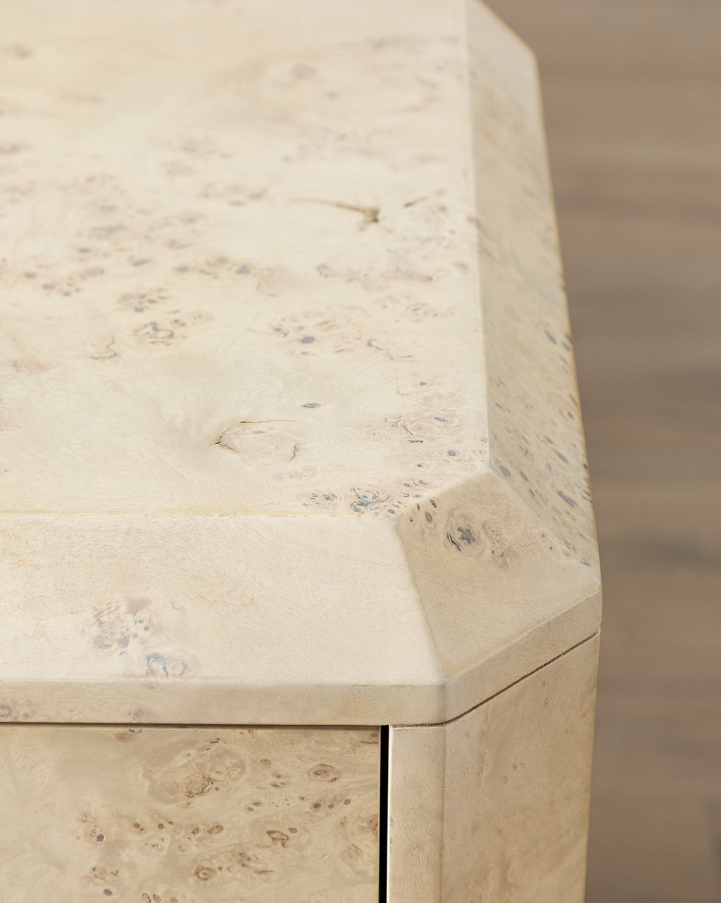 Artisan Burl Wood Dresser with Brass Pulls & Geometric Motifs for Bedroom