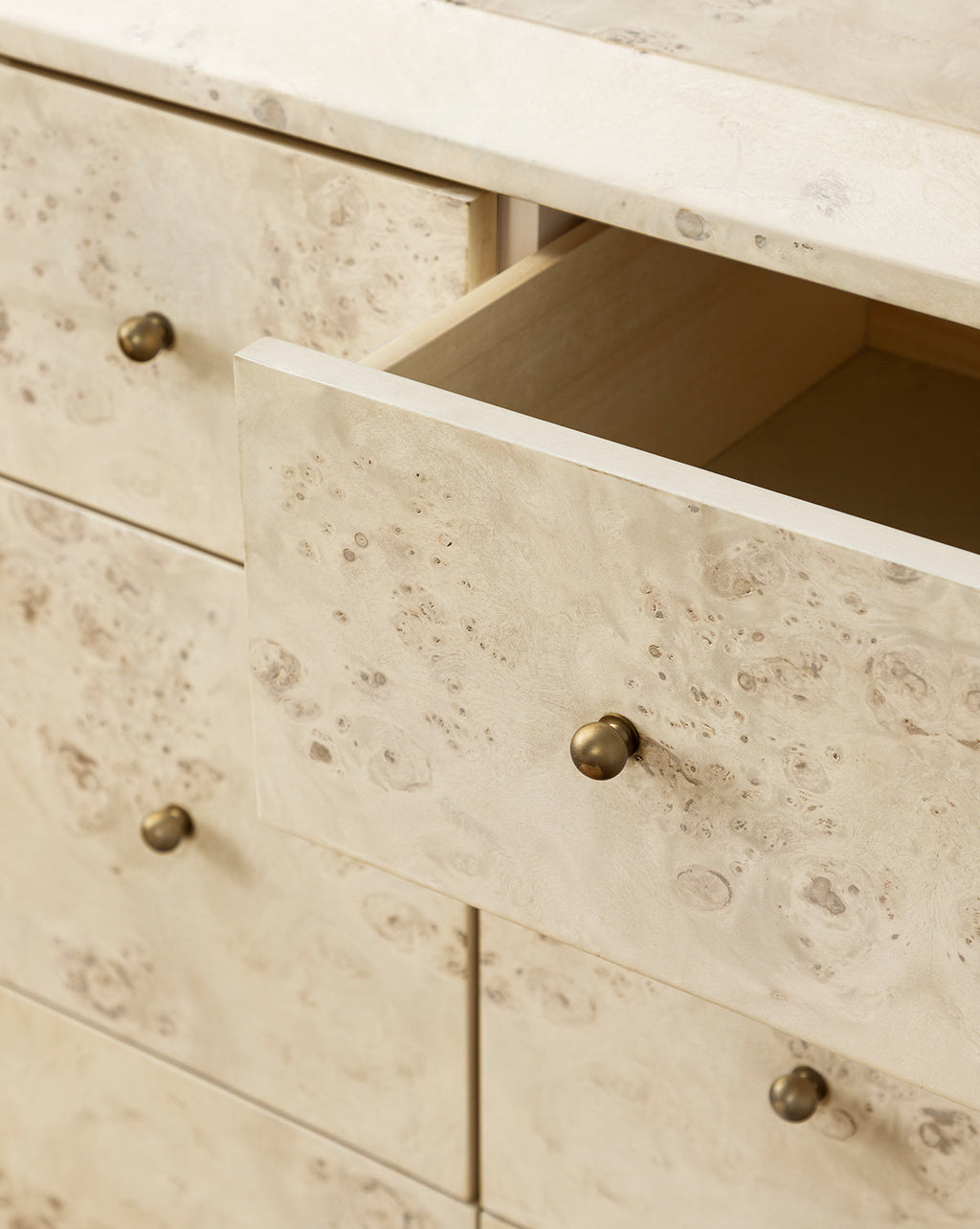 Artisan Burl Wood Dresser with Brass Pulls & Geometric Motifs for Bedroom