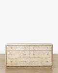 Artisan Burl Wood Dresser with Brass Pulls & Geometric Motifs for Bedroom