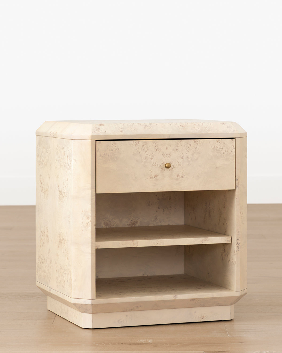 Artisan Burl Wood Nightstand with Single Drawer & Open Shelf for Bedroom