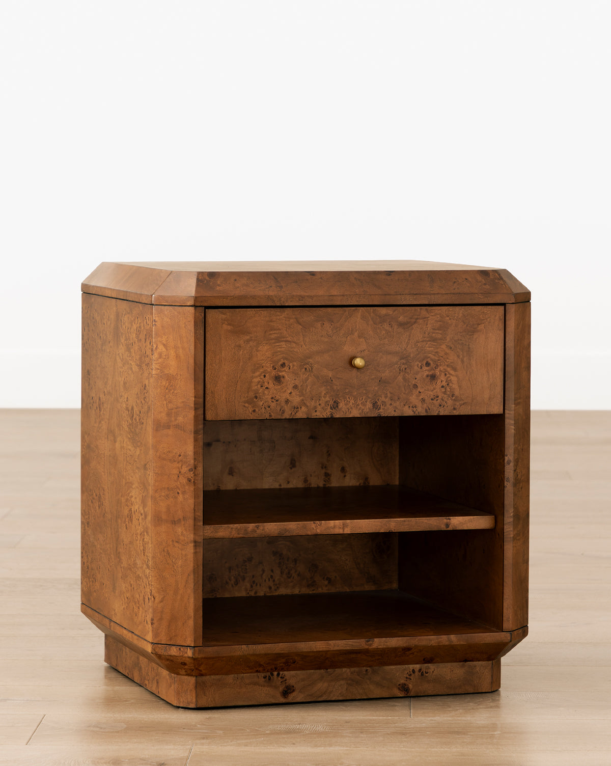 Artisan Burl Wood Nightstand with Single Drawer & Open Shelf for Bedroom