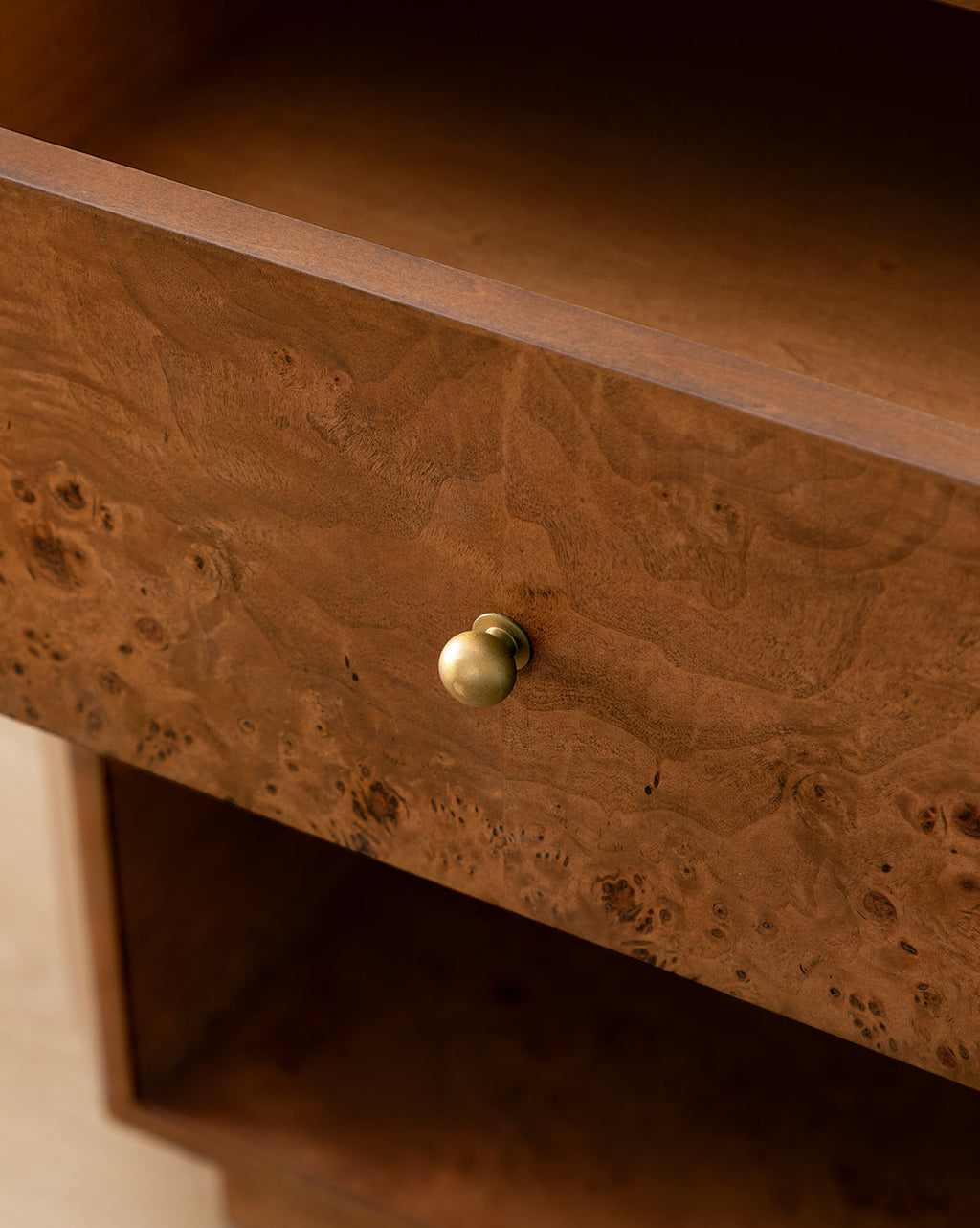 Artisan Burl Wood Nightstand with Single Drawer & Open Shelf for Bedroom