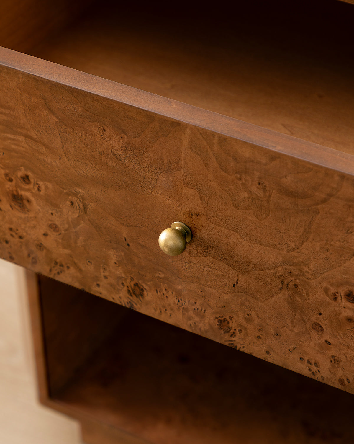 Artisan Burl Wood Nightstand with Single Drawer & Open Shelf for Bedroom
