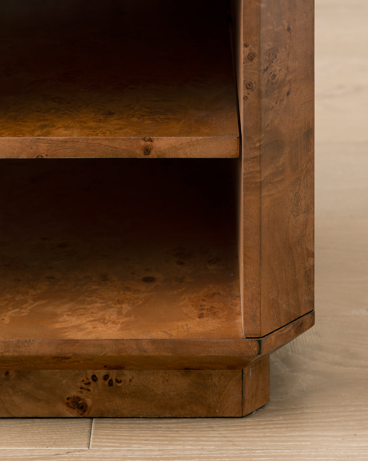Artisan Burl Wood Nightstand with Single Drawer & Open Shelf for Bedroom