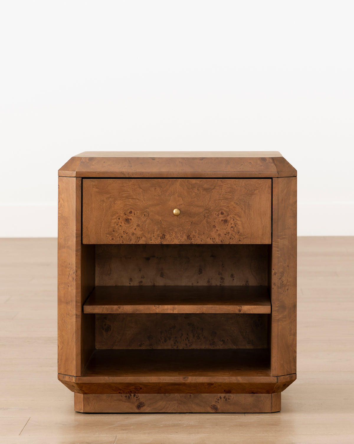 Artisan Burl Wood Nightstand with Single Drawer & Open Shelf for Bedroom