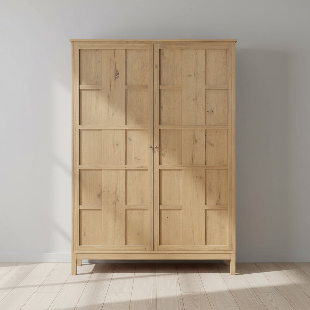 Modern Oak Cabinet with Paneled Façade & Elevated Base for Living Room