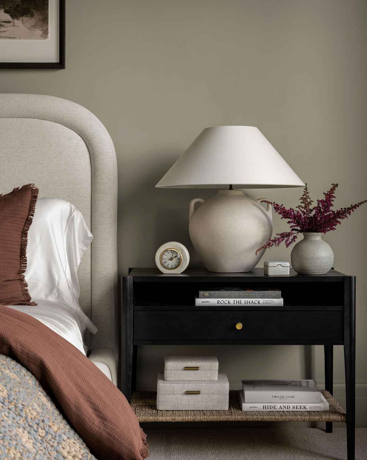Coastal Wood Nightstand with Woven Seagrass Shelf & Brass Hardware for Bedroom