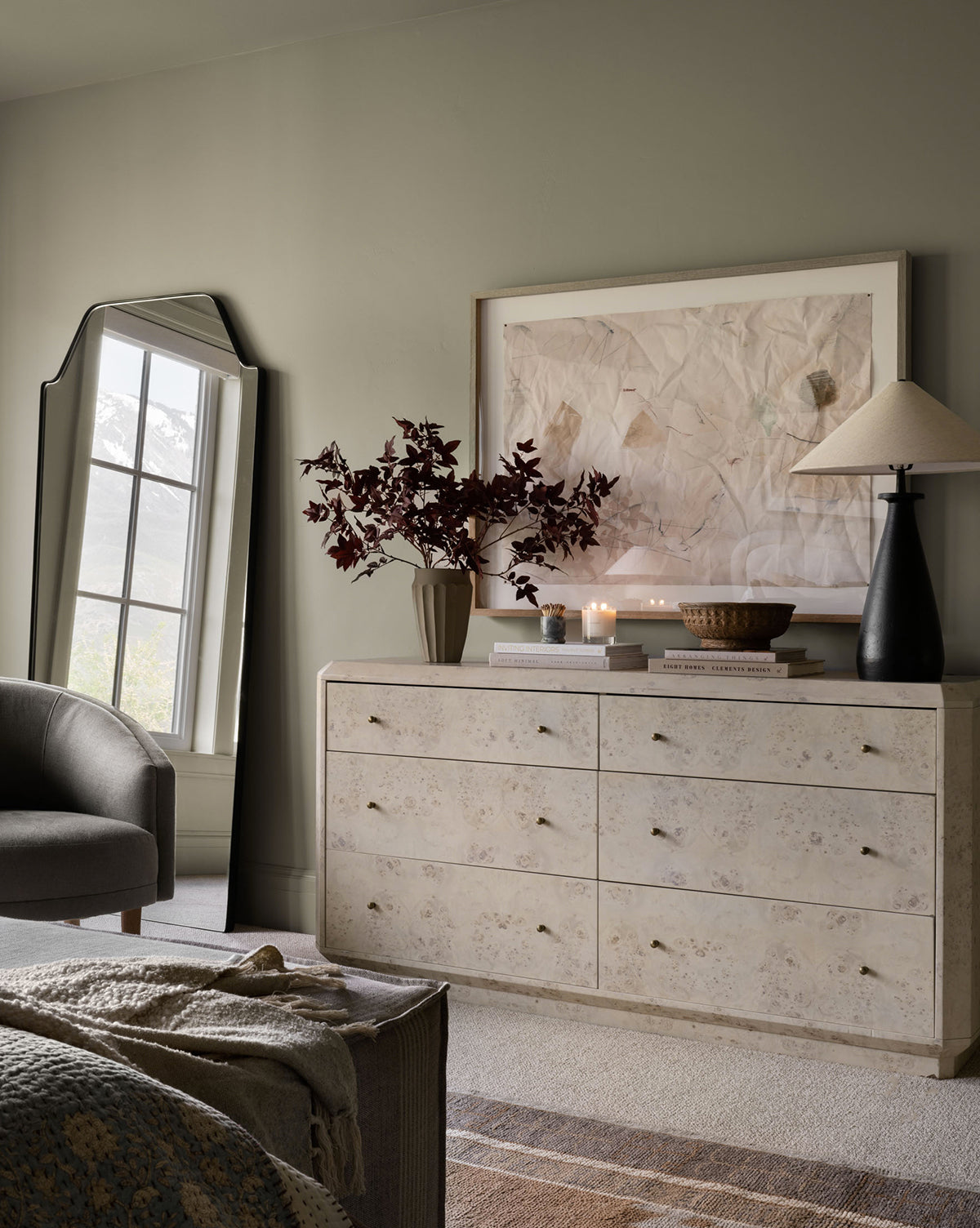Artisan Burl Wood Dresser with Brass Pulls & Geometric Motifs for Bedroom