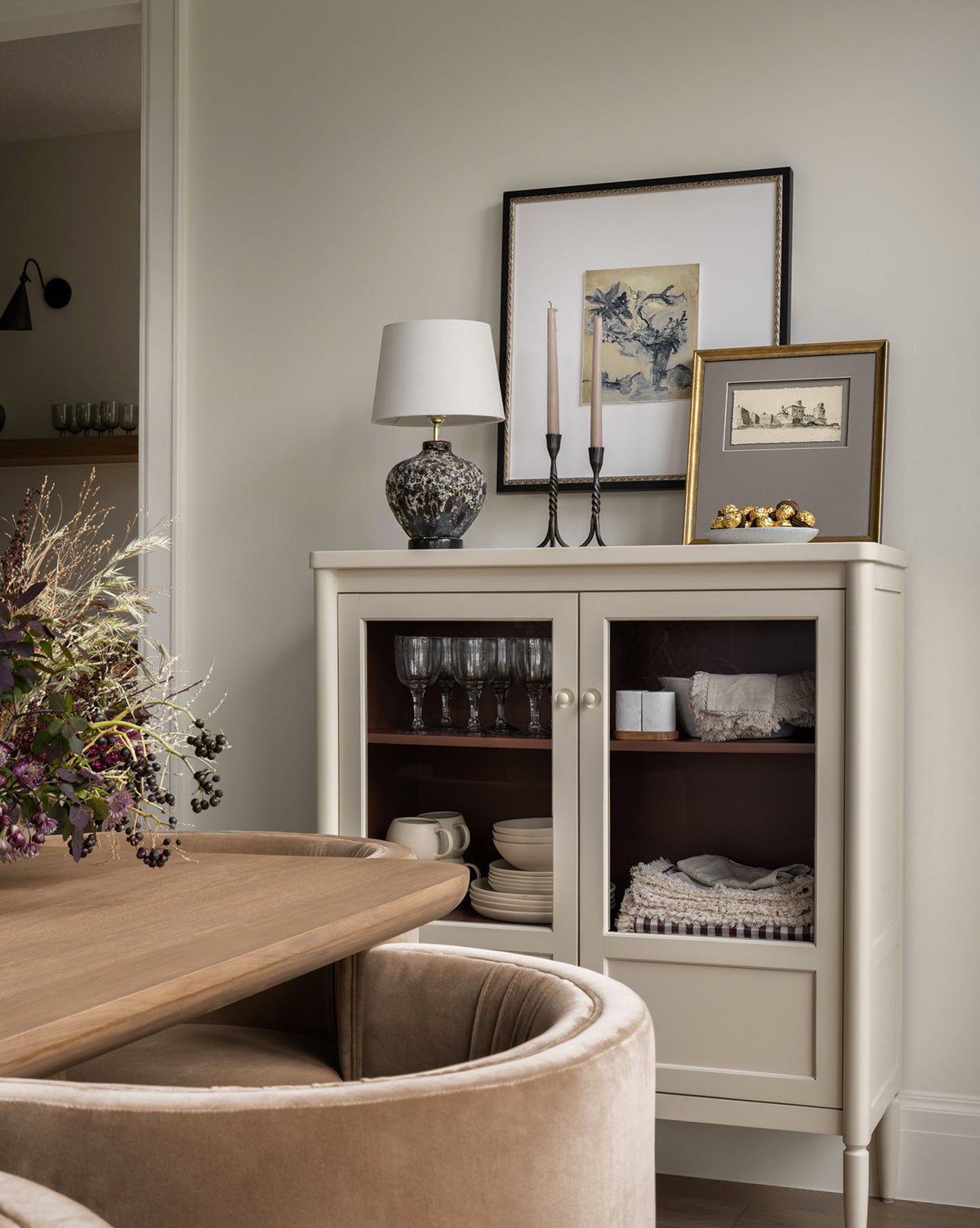 Victorian Painted Wood Cabinet with Glass Doors & Tapered Legs for Living Room