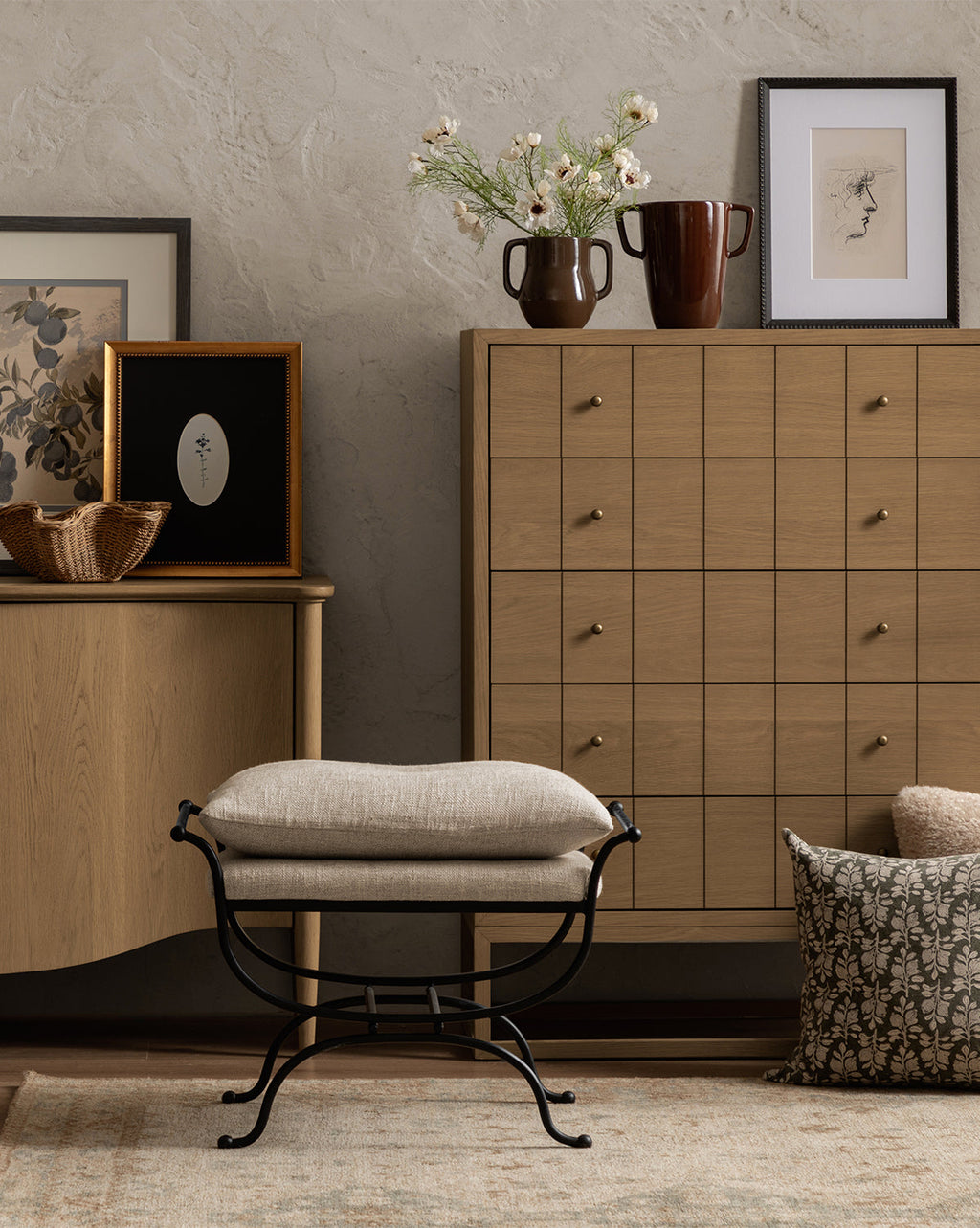 Contemporary Tall Dresser with Etched Pattern & Brass Pulls for Bedroom