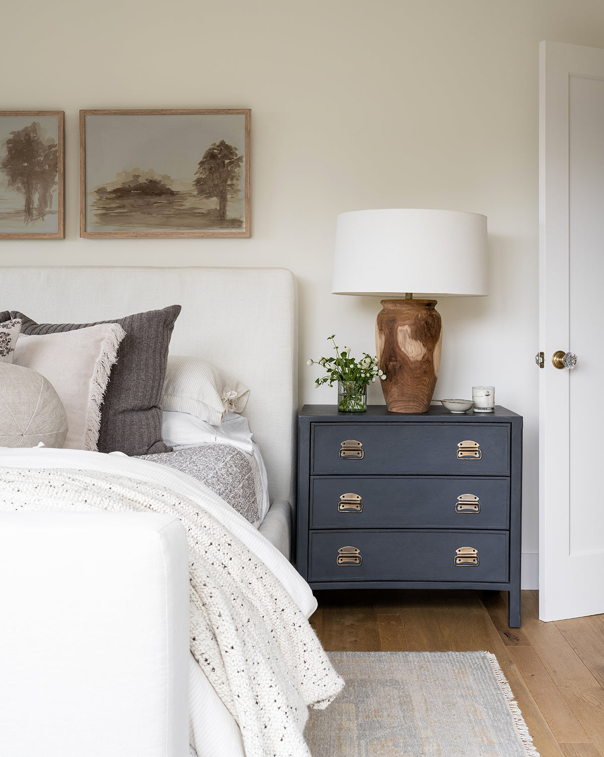 Modern Wood Nightstand with Curved Front & Brass Pulls for Bedroom