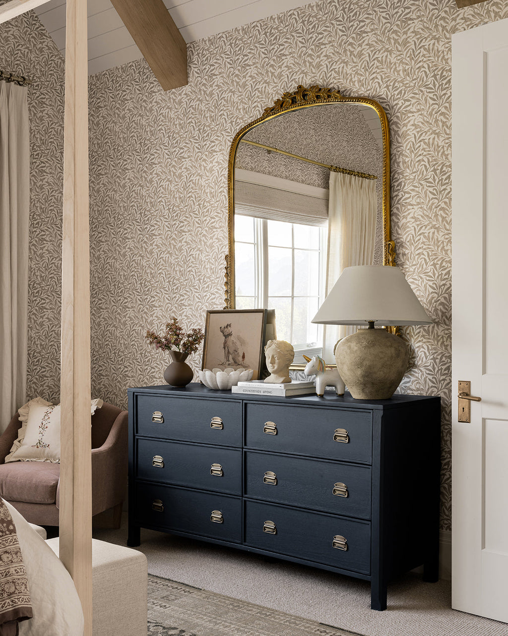 Modern Walnut Dresser with Curved Front & Brass Pulls for Bedroom