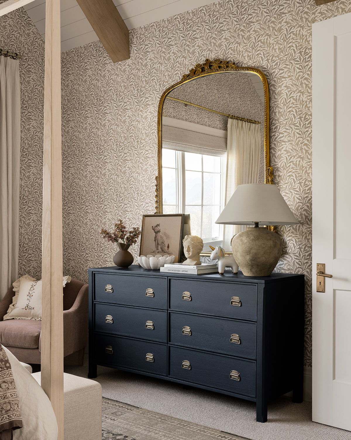Modern Walnut Dresser with Curved Front & Brass Pulls for Bedroom