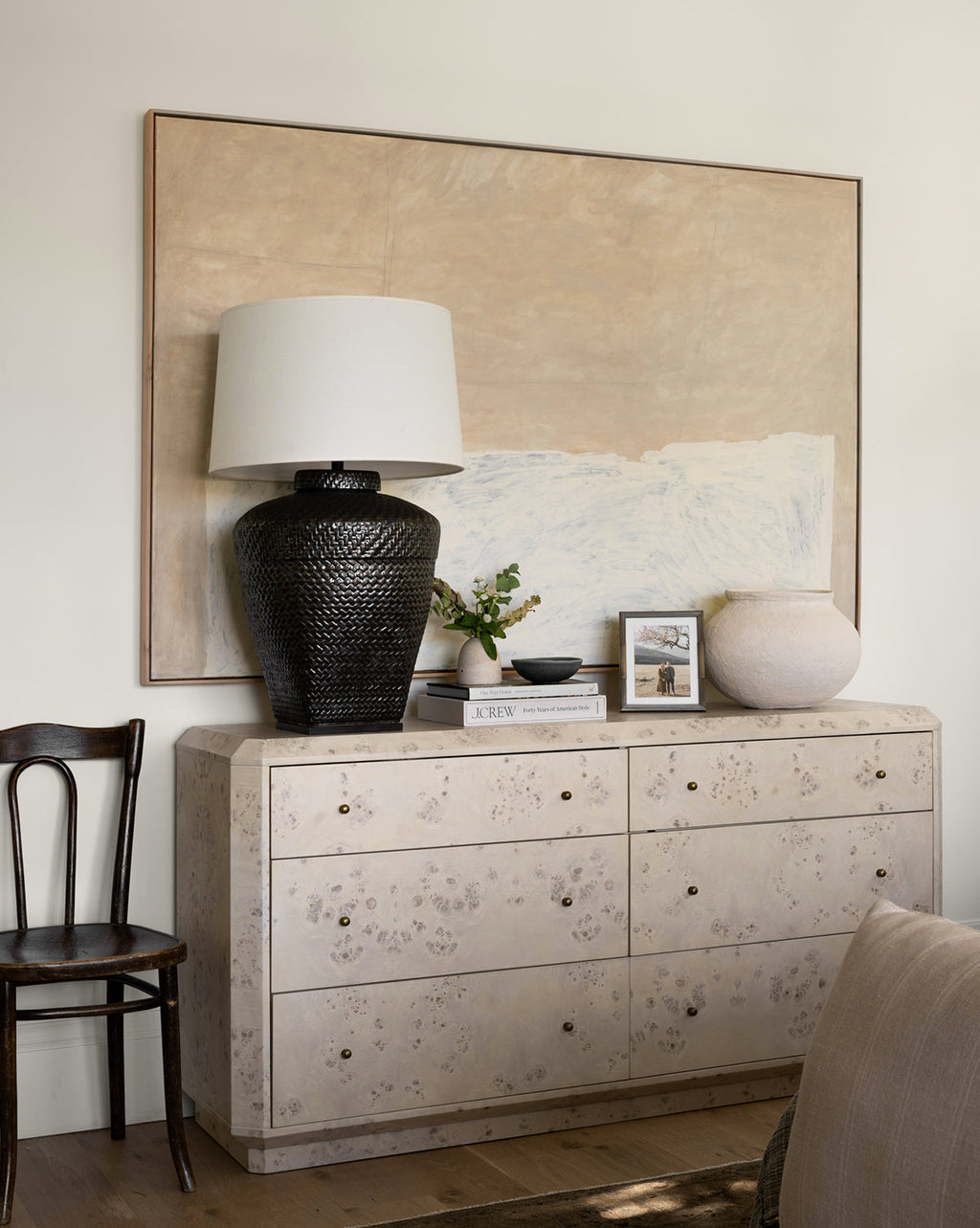 Artisan Burl Wood Dresser with Brass Pulls & Geometric Motifs for Bedroom