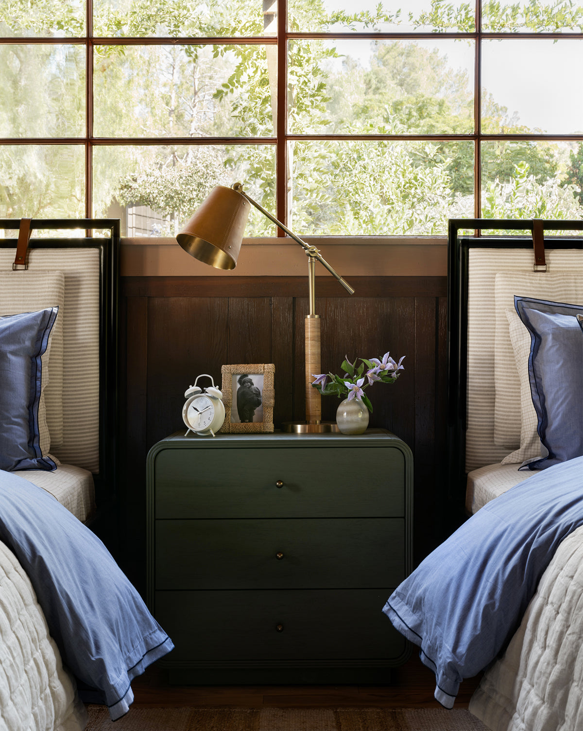 Modern Acacia Nightstand with Laurel Green Finish & Brass Hardware for Bedroom