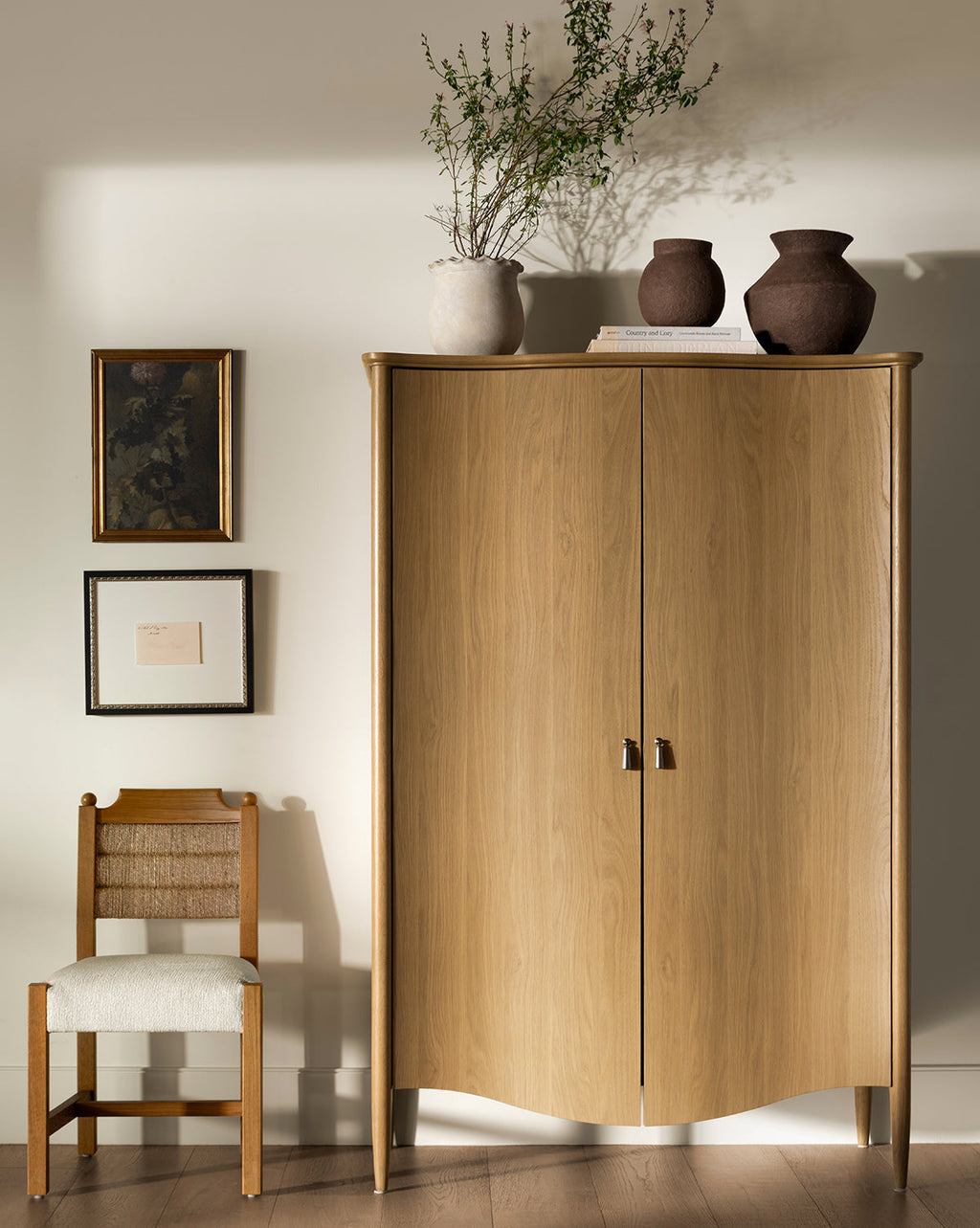 Heritage Oak Cabinet with Brass Pulls & Soft-Close Doors for Living Room