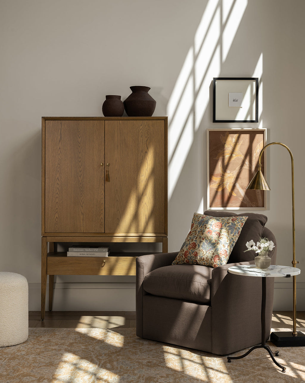 Rustic Honey Oak Cabinet with Ring Pulls & Beveled Edges for Living Room